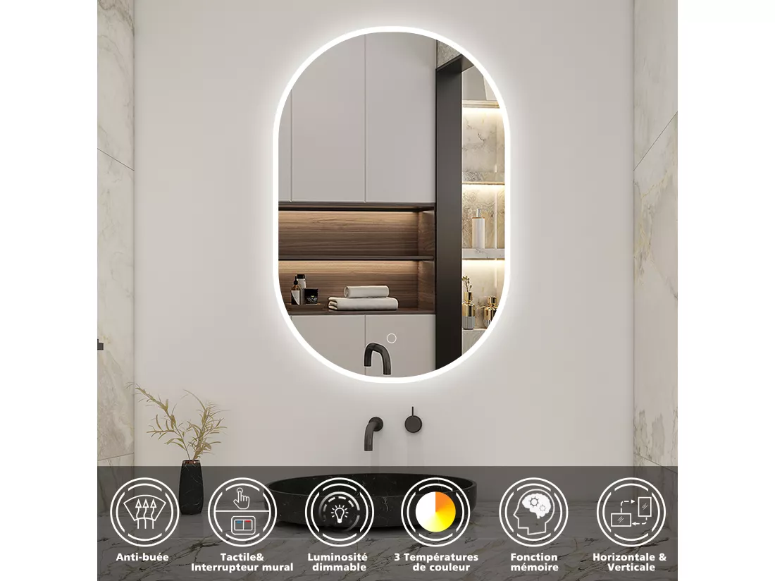 AICA LED Miroir lumineux ovale 50 x 80cm avec anti-buée + 3 Couleurs + dimmable + mémoire, Miroir salle de bain