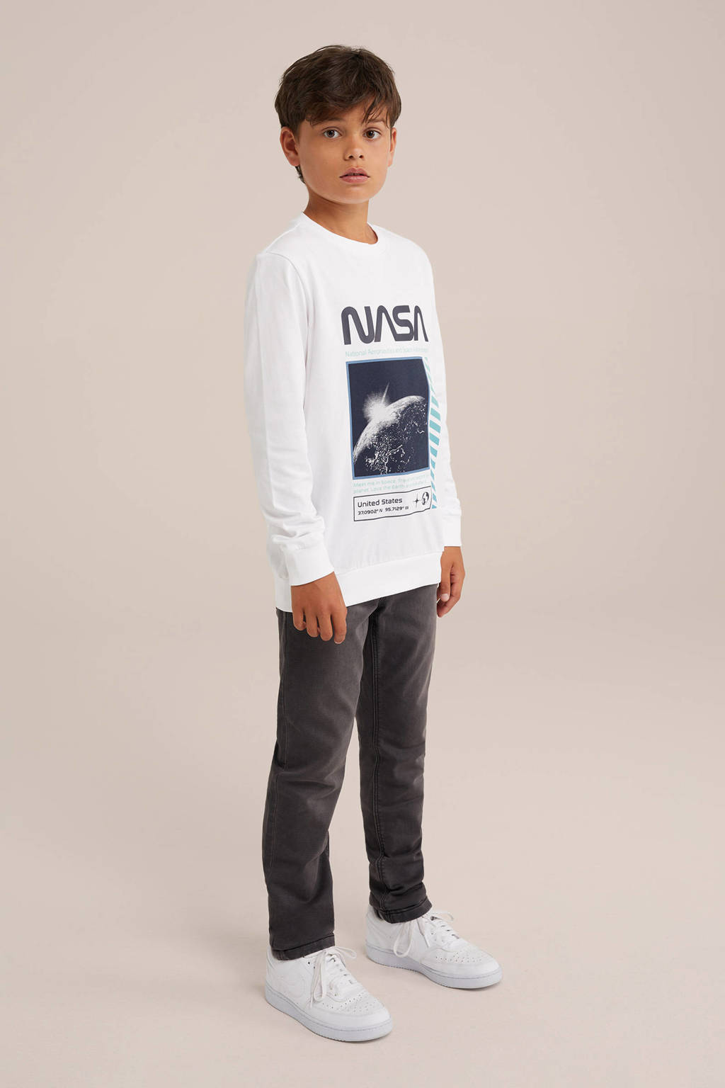 WE Fashion longsleeve met printopdruk wit/blauw