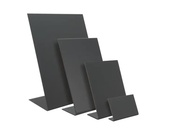 Securit® L-formet A5 akrylbordskilt i matt svart – sett med 3 deler.