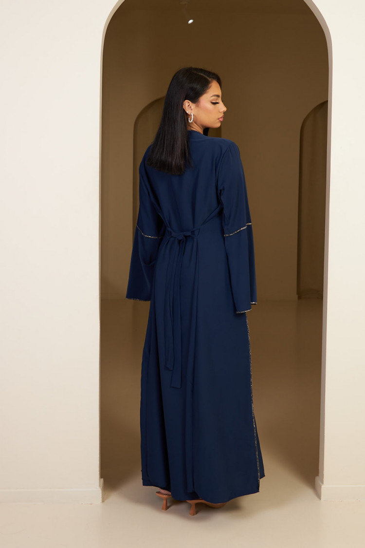 Ensemble 2 pièces abaya + gilet à enfiler bleu foncé et doré