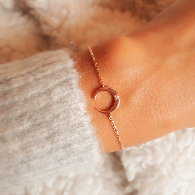 Bracelet Fin Plaqué Or Lune Pierre Precieuse Zirconium