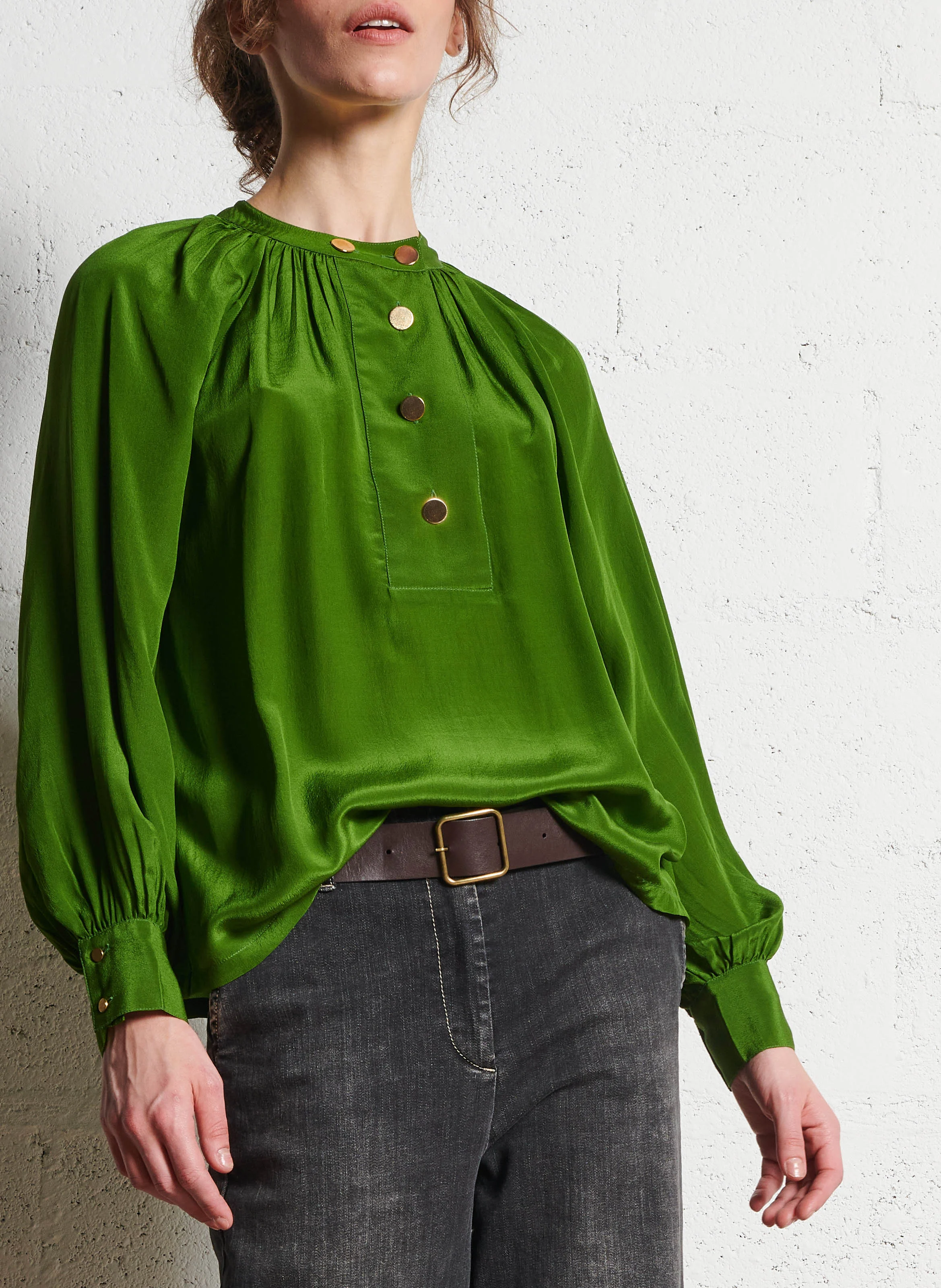 ALPHONSE - Blouse col rond en soie | Vert