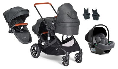 Beemoo Maxi 4 Twin Søskenvogn Inkl. Søskensete & Beemoo Route i-Size Babybilstol, Black/Mineral Grey