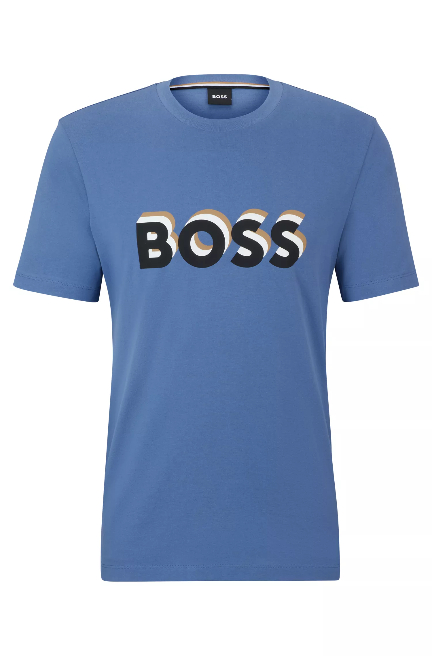 Camiseta BOSS preta em malha de algodão com logotipo nas cores características da marca.