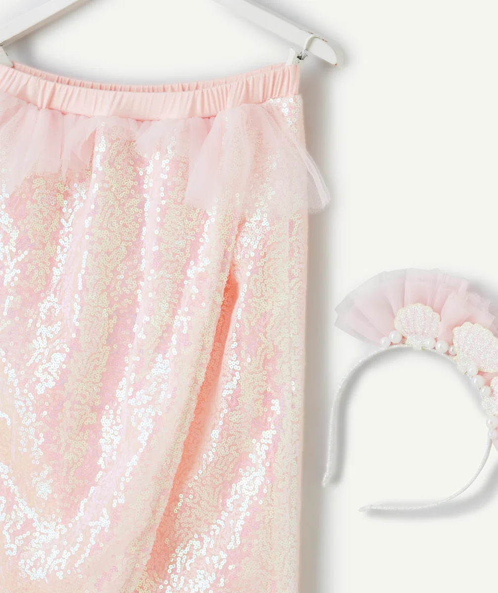 DÉGUISEMENT DE SIRÈNE AVEC JUPE LONGUE ET SERRE-TÊTE ROSE AVEC TULLE ET SEQUINS