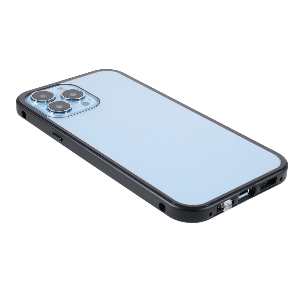 iPhone 13 Pro Magnetische Alu Schutzhülle mit Panzer Glas Backcover   Privacy Glas Displayschutz (Magnet-Technologie) - Schwarz