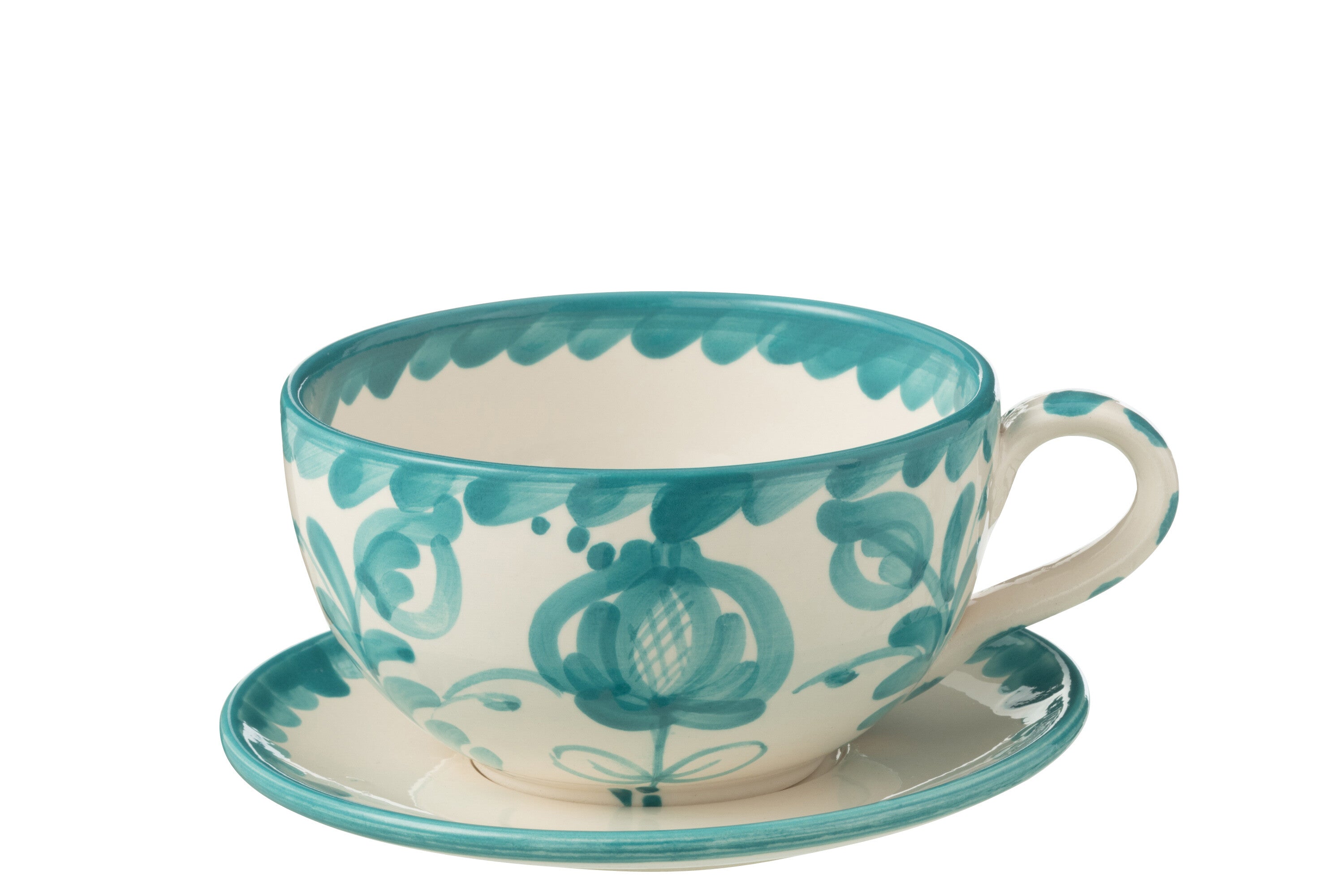 J-Line kop + schoteltje Granada - keramiek - wit|aqua