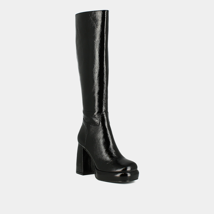 Bottes à talons et plateformes  en cuir brillant noir