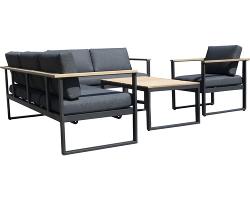 Garden Place Cleo aluminium-houten tuinmeubelset, 6-zits, bestaande uit: 2 banken, fauteuil, tafel inclusief kussens, aluminium antraciet, hout