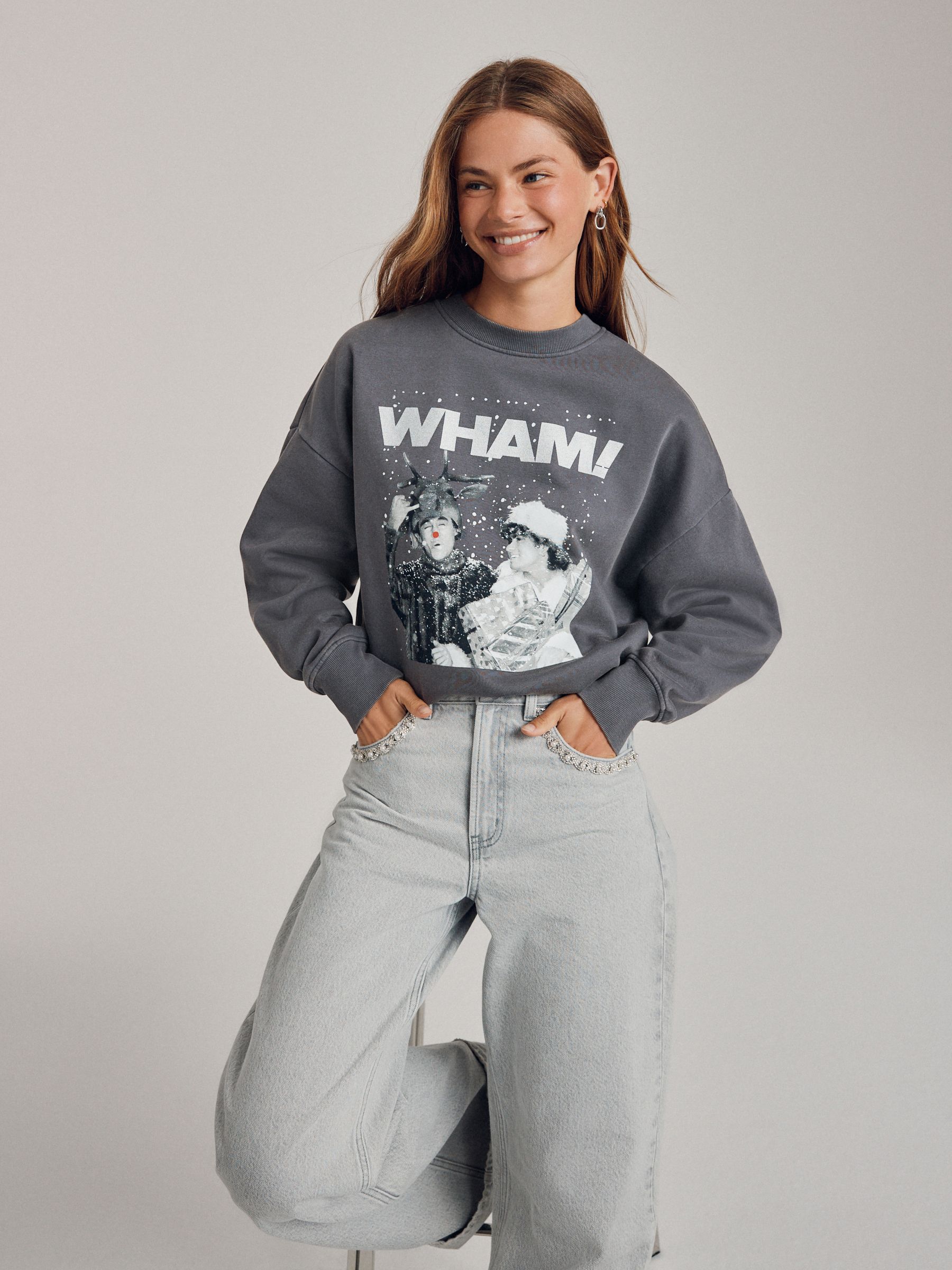 Antraciet - Officieel Wham License Kerstmis Seasonal Sweatshirt met ronde hals en lange mouwen