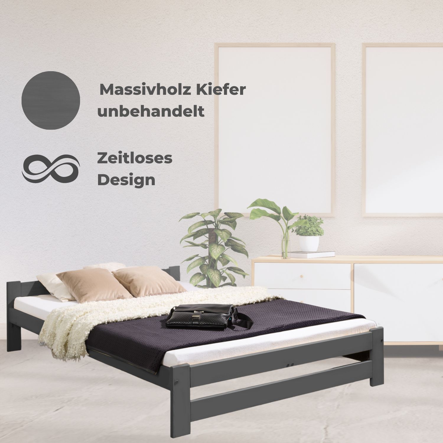 Coemo Bett Classico Lattenrost Massivholz Kiefer 140x200cm anthrazit