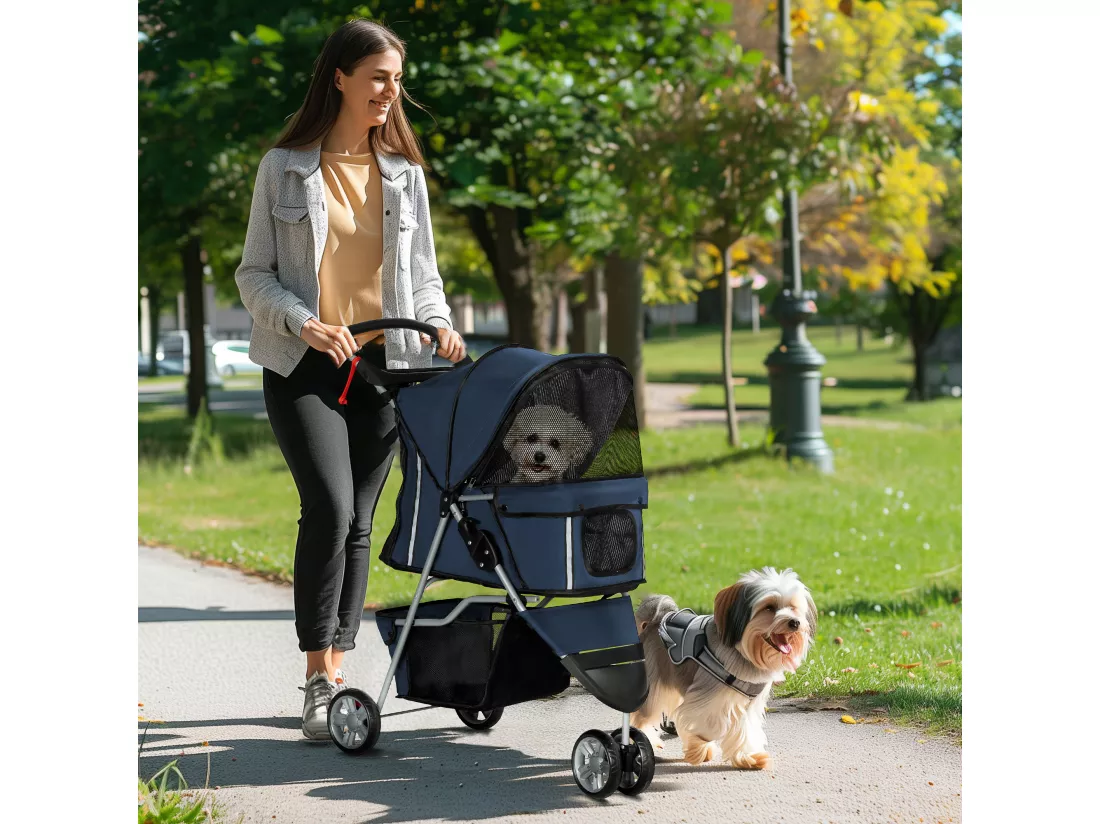 Poussette buggy pliable chien chat - porte-gobelet, panier rangement intégré - acier oxford bleu marine