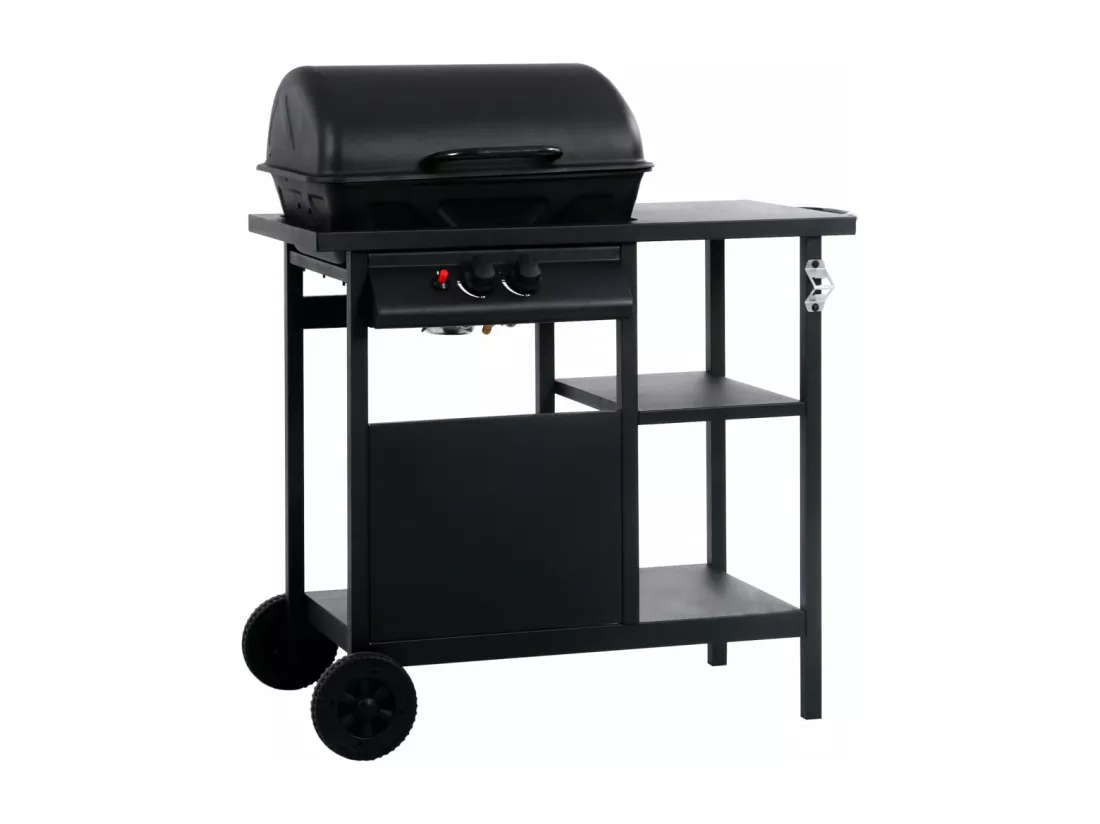 Barbecue à gaz avec table latérale à 3 niveaux Noir