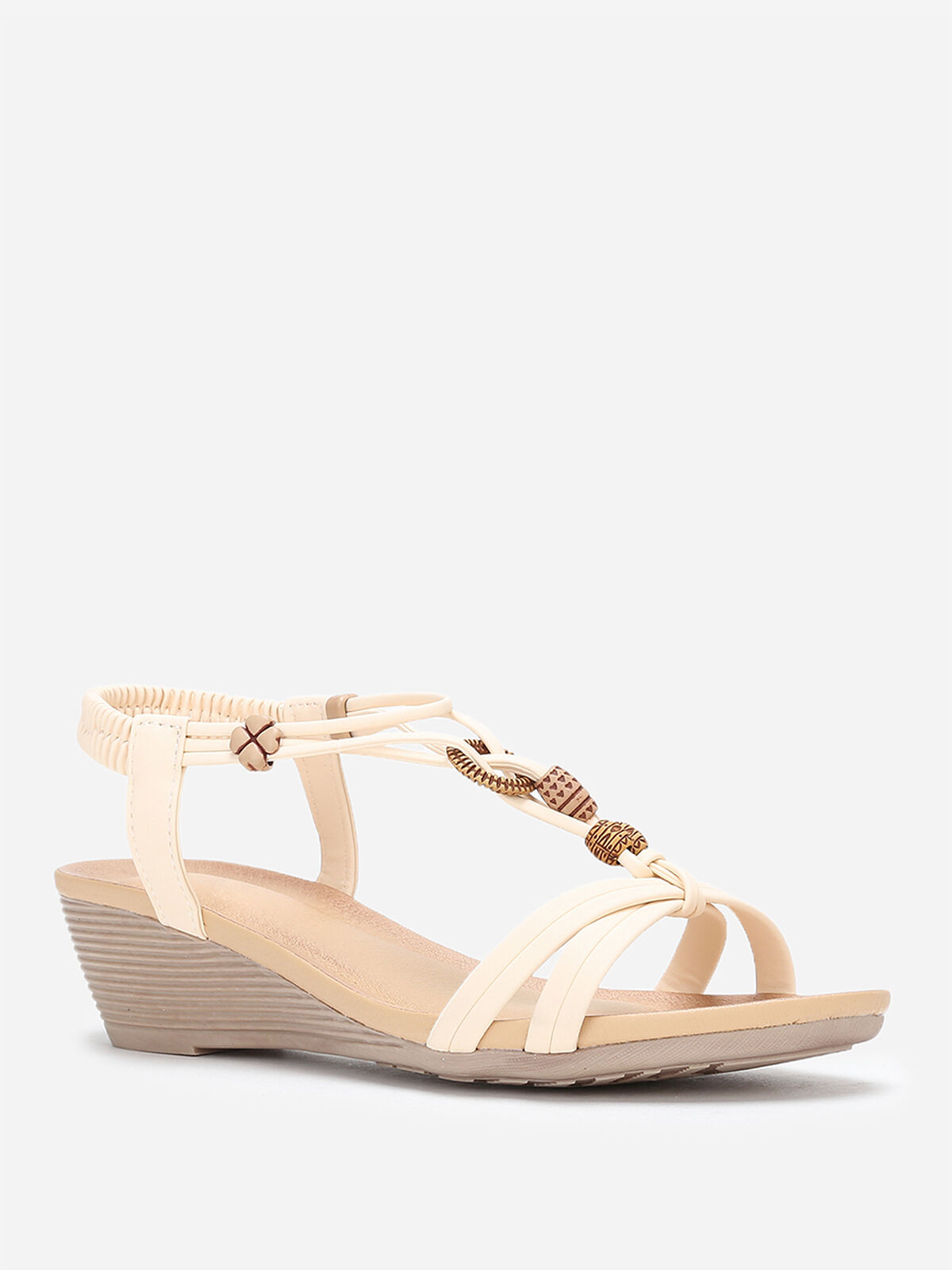 Sandales compensées à perles ethniques- Beige