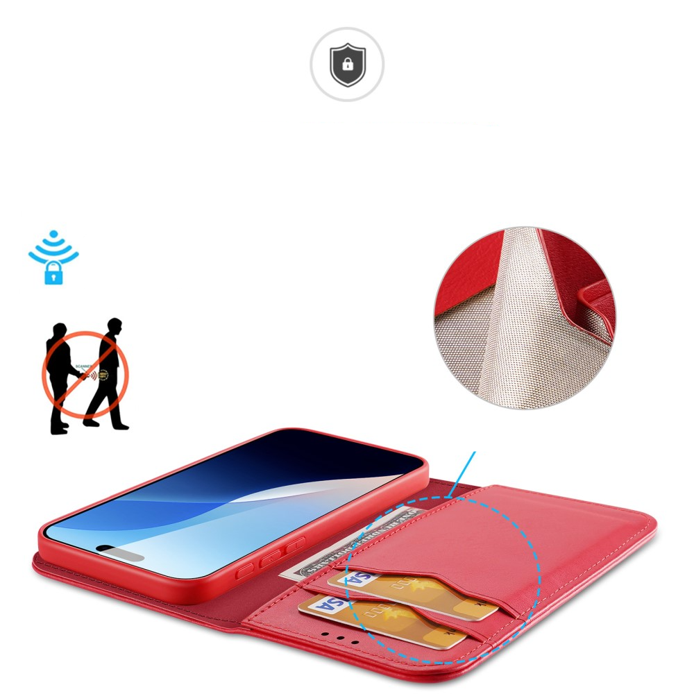 iPhone 16 Pro Max Flip Wallet Cover Echtleder Tasche (RFID Schutz) - Rot