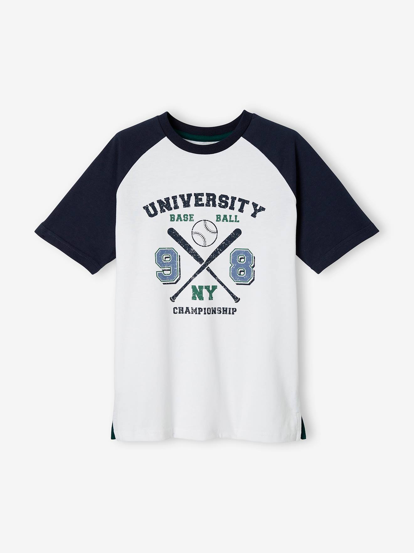 Camiseta esportiva de beisebol para meninos, branca lisa com estampas.