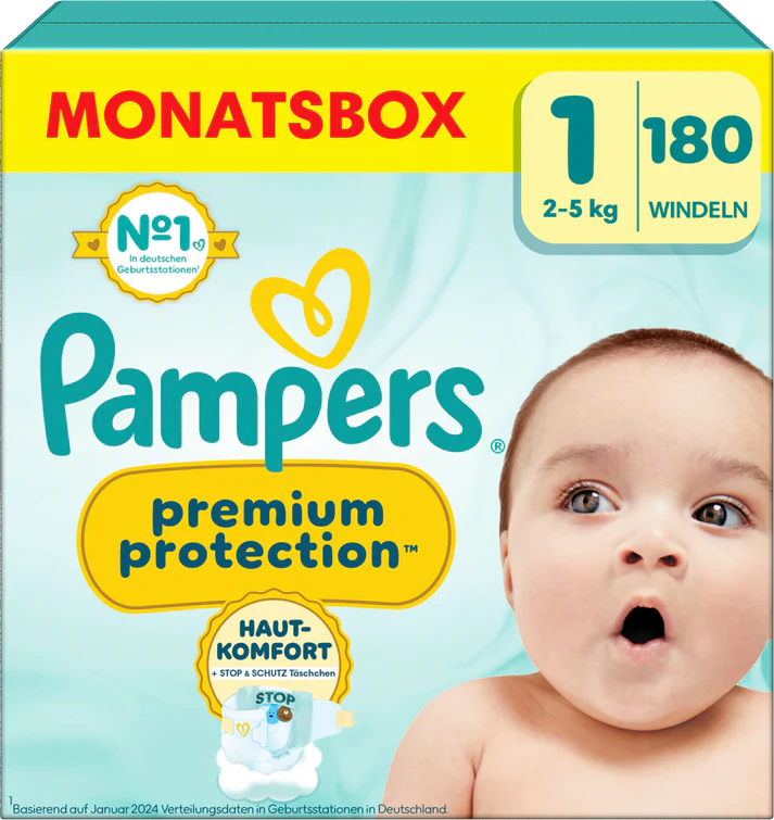 PAMPERS Premium Protection New Baby<br>180 Stück, Karton, Gr1 2-5kg, Newborn Halbmonats Box