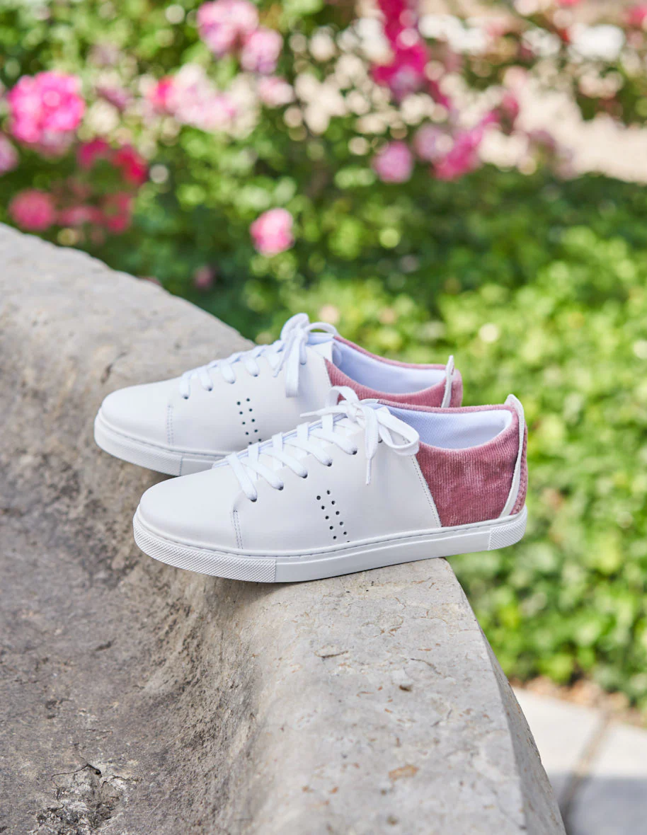 Baskets basses Renée - Cuir blanc et velours côtelé rose