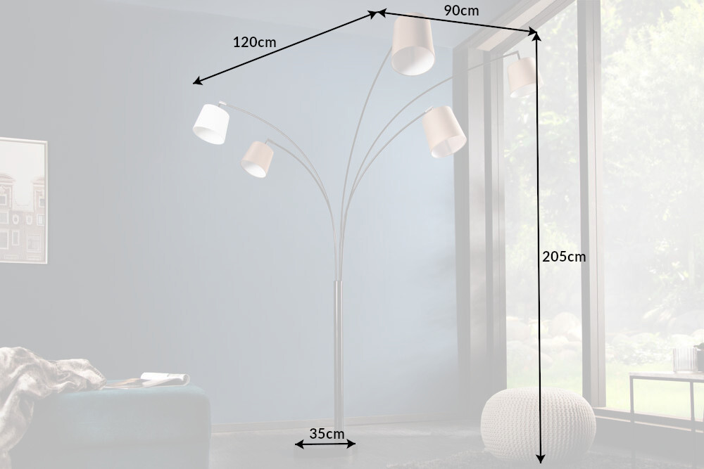 Design Bogenlampe LEVELS 205cm weiß beige braun 5 Leinenschirme Stehlampe