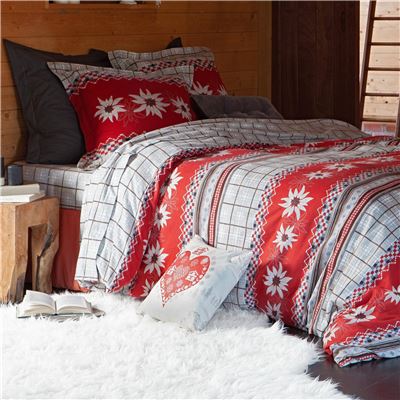 Linge de lit en flanelle motif fleurs d'edelweiss - BECQUET CRÉATION