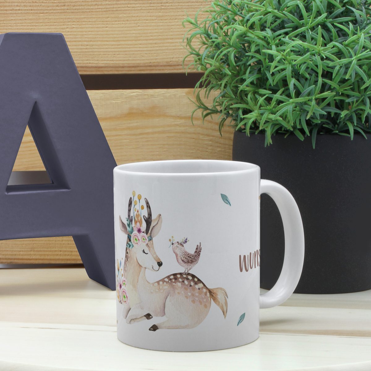 Personalisierte Panorama-Tasse, weiß (Motiv: Reh)
