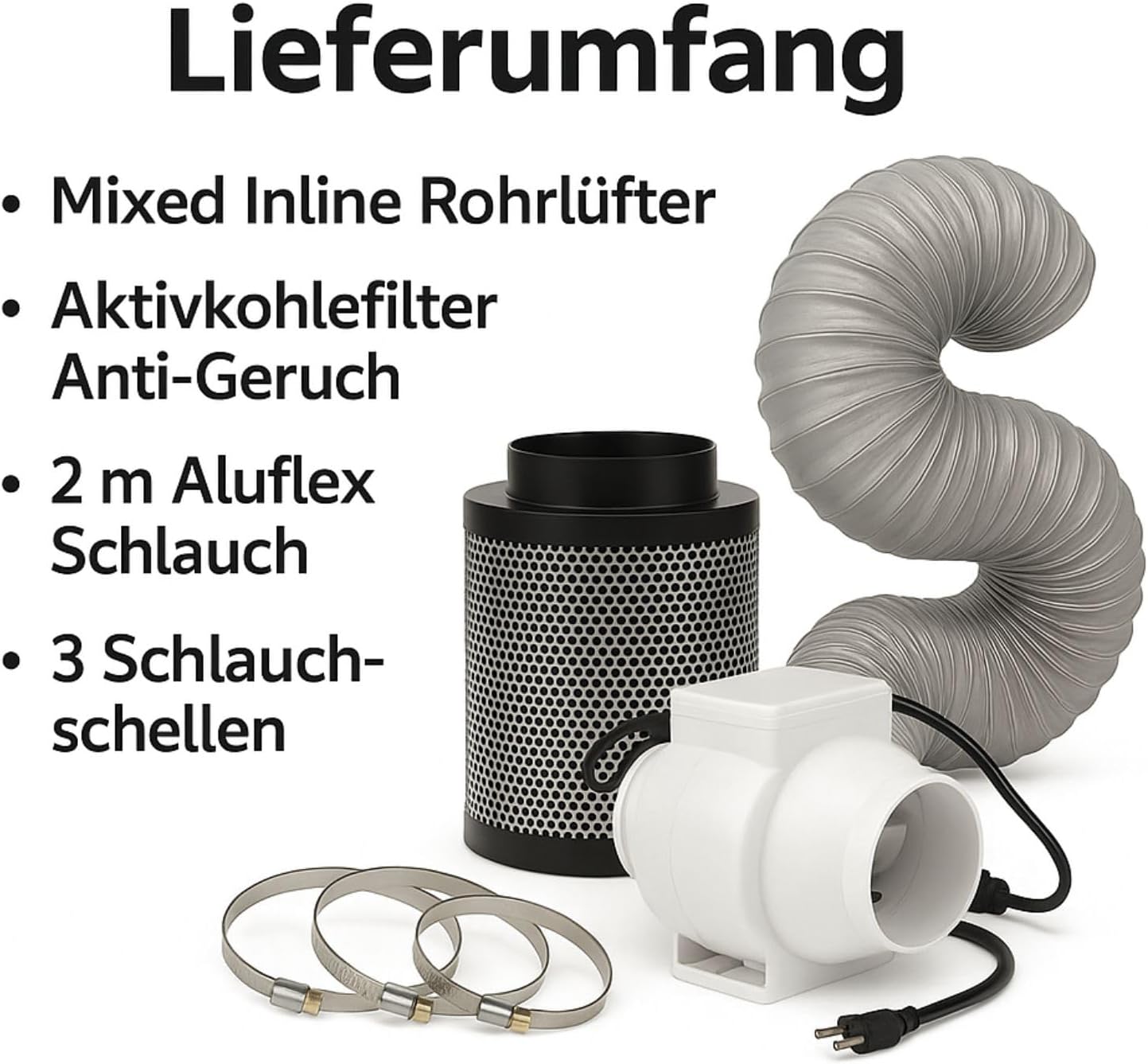 Weedness Grow Abluft Aktivkohlefilter Set 145-187 m³ Belüftungsset - Indoor Anbau Lüftungsset Rohrventilator Grow-Box Belüftungssystem Belüftungsanlage