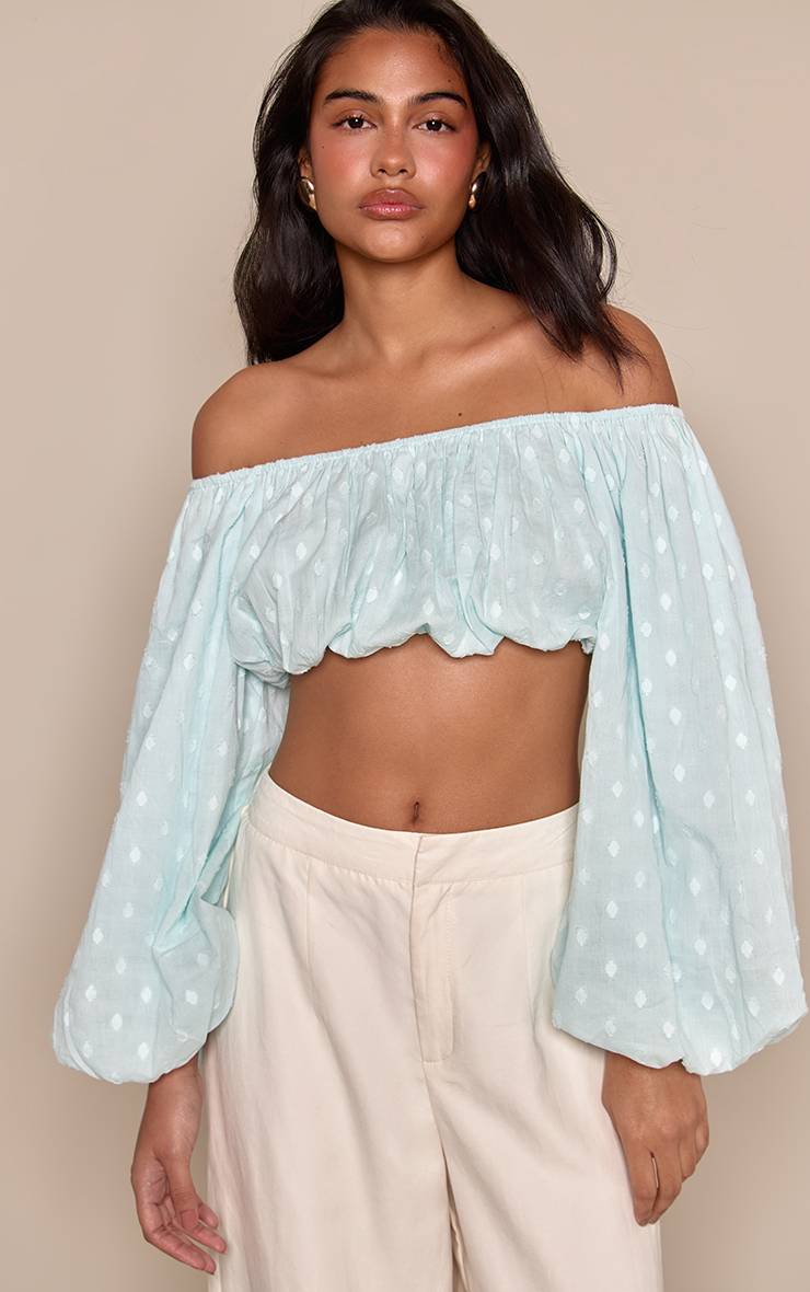 Bleu Haut Bandeau En Coton Gaufré À Pois Avec Manches Bouffantes