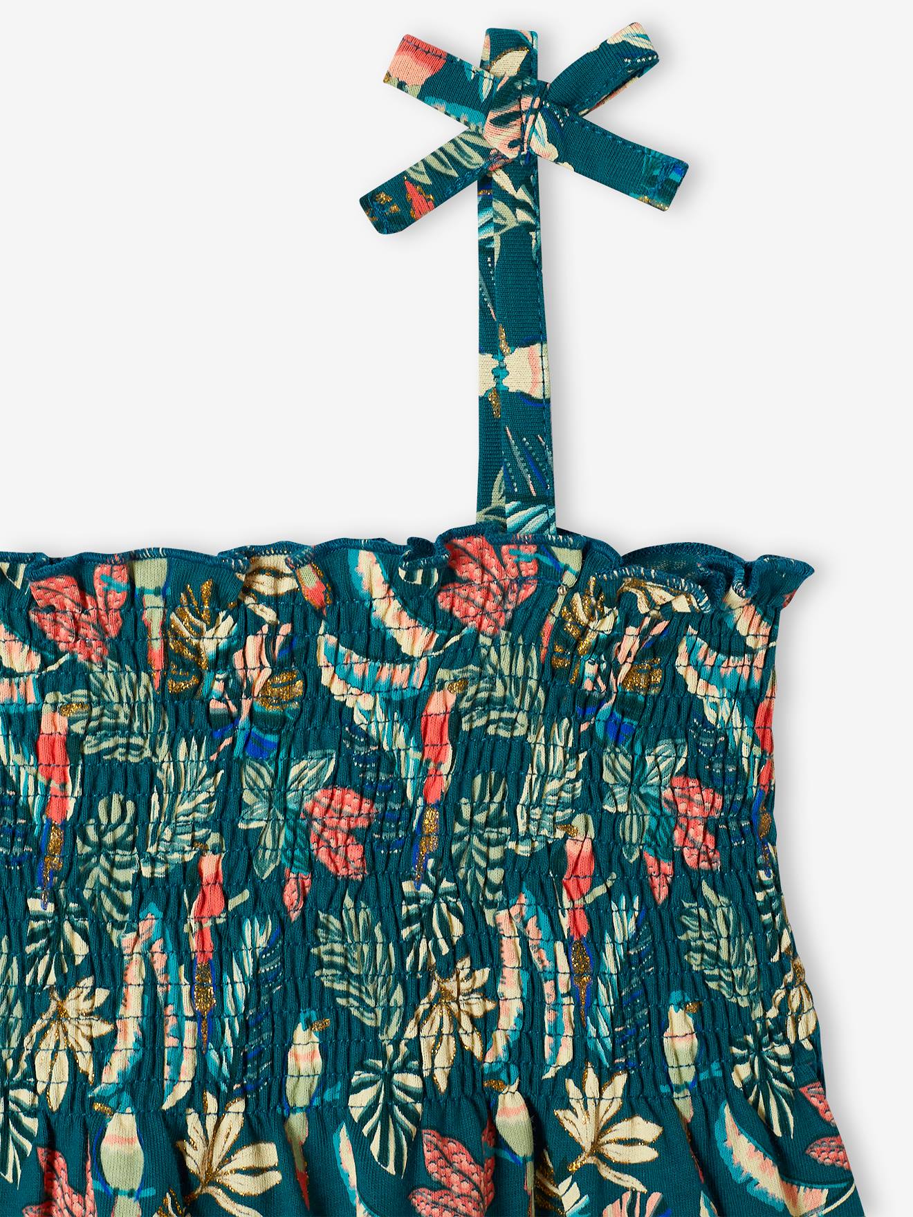 Camiseta sem mangas com detalhes franzidos e estampa floral, para meninas, verde
