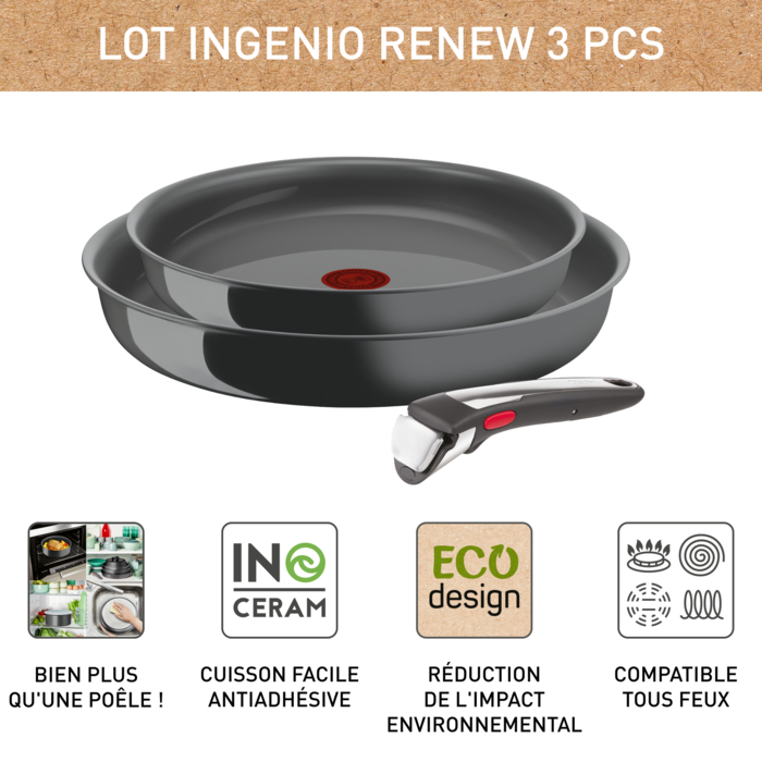 Ingenio Renew on, Lot 3pcs, 2 poêles + poignée amovible, Céramique antiadhésif, Induction