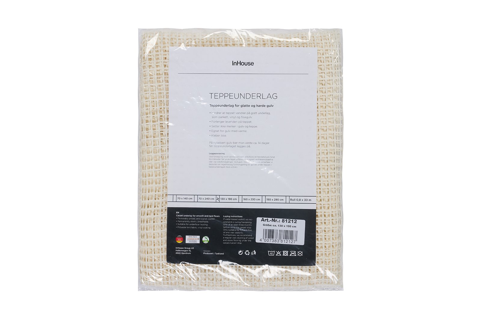 Gummi teppeundelag 190x290 cm 100% polyester med vinylbelegg. 190x290 cm