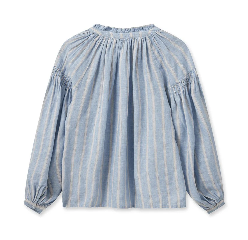 Mos Mosh  Safi Striped Linen skjorte - Cashmere Blue