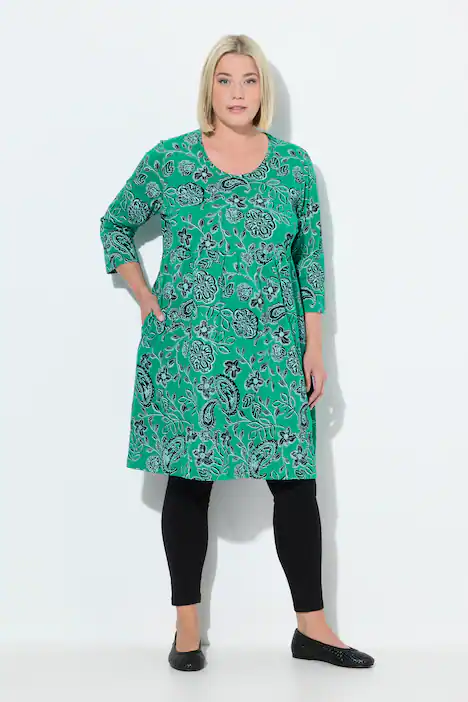 Jerseykleid, Paisley, A-Linie, Rundhals, 3/4-Arm, smaragd