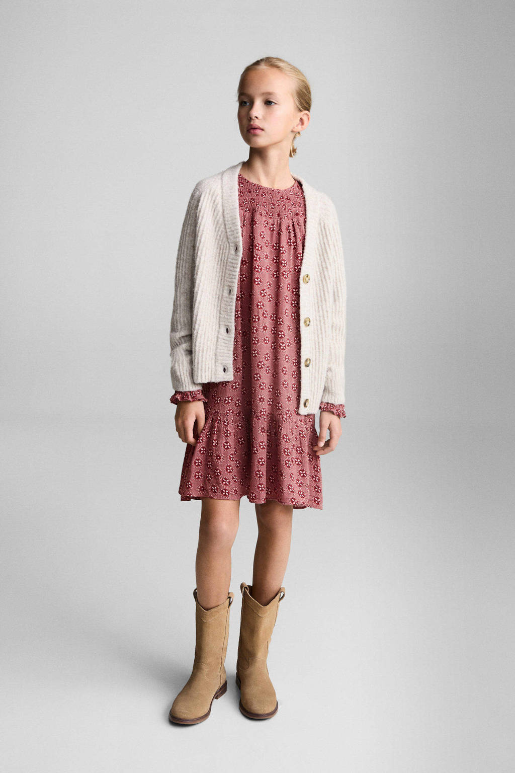Mango Kids trapeze jurk met all over print roze/rood/wit