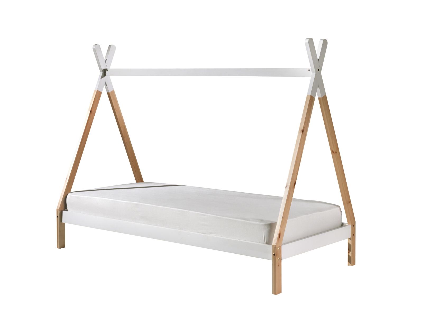 Tipi-Zelt-Bett - weiß-natur - Rolllattenrost - 90x200 cm