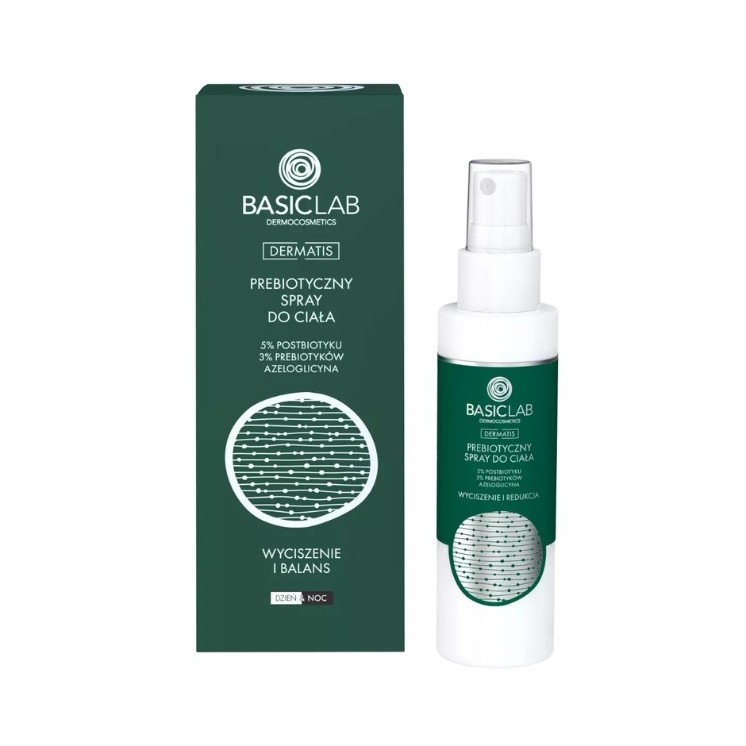 BasicLab Dermatis präbiotisches Körperspray 5 % Postbiotikum, 3 % Präbiotika 100 ml