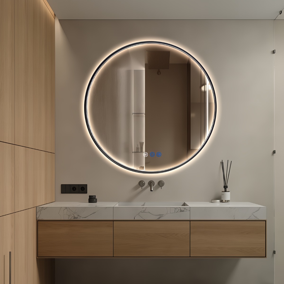 Saniclear Circle Black 2.0 ronde spiegel met verwarming, direct en indirect licht mat zwart 120cm
