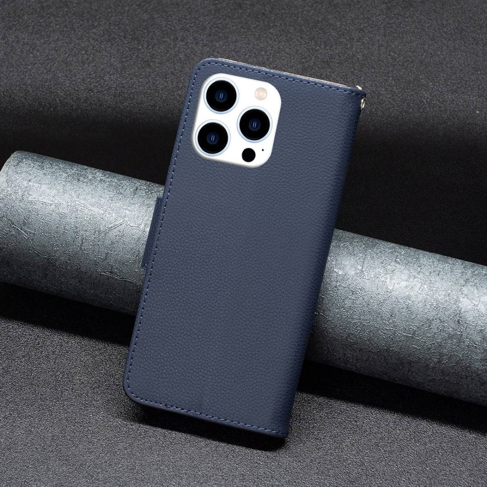 iPhone 14 Pro Leder Tasche Flip Cover im Litchi Look mit Kartenfach   Handschlaufe - Dunkelblau