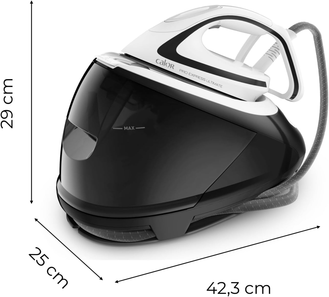 Tefal Pro Express Ultimate Dampfbügelstation, starker 8-Bar-Druck, Dampfstoß: 520 g/Min., 1,9 L Wassertank, Antikalk-Kollektor, Anti-Tropf-System, Bügeleisen Dampfstation, schwarz/weiß, GV9550