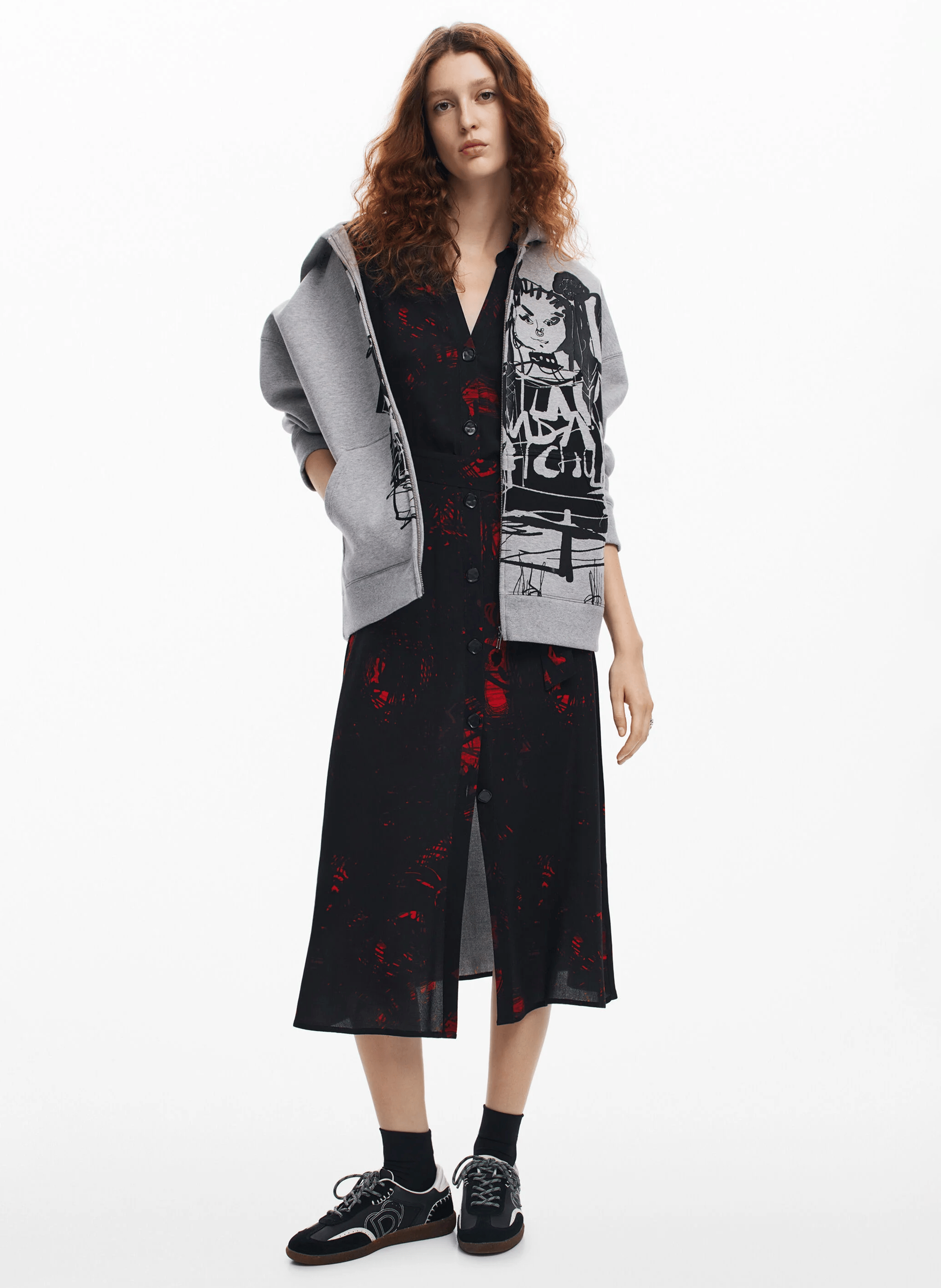 Robe chemise midi imprimé floral | Noir