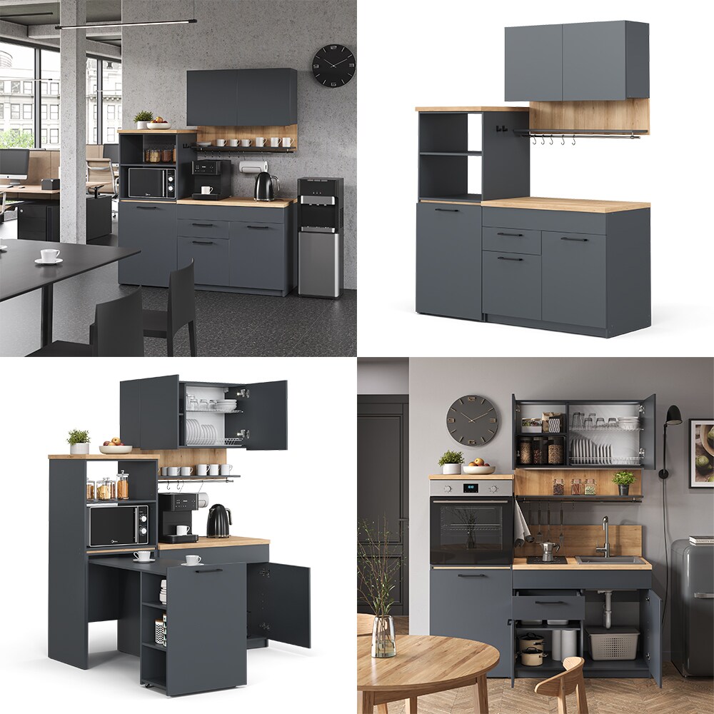 Vicco Singleküche Küchenzeile Egbert Anthrazit Eiche 160 cm modern ausziehbarer Tisch
