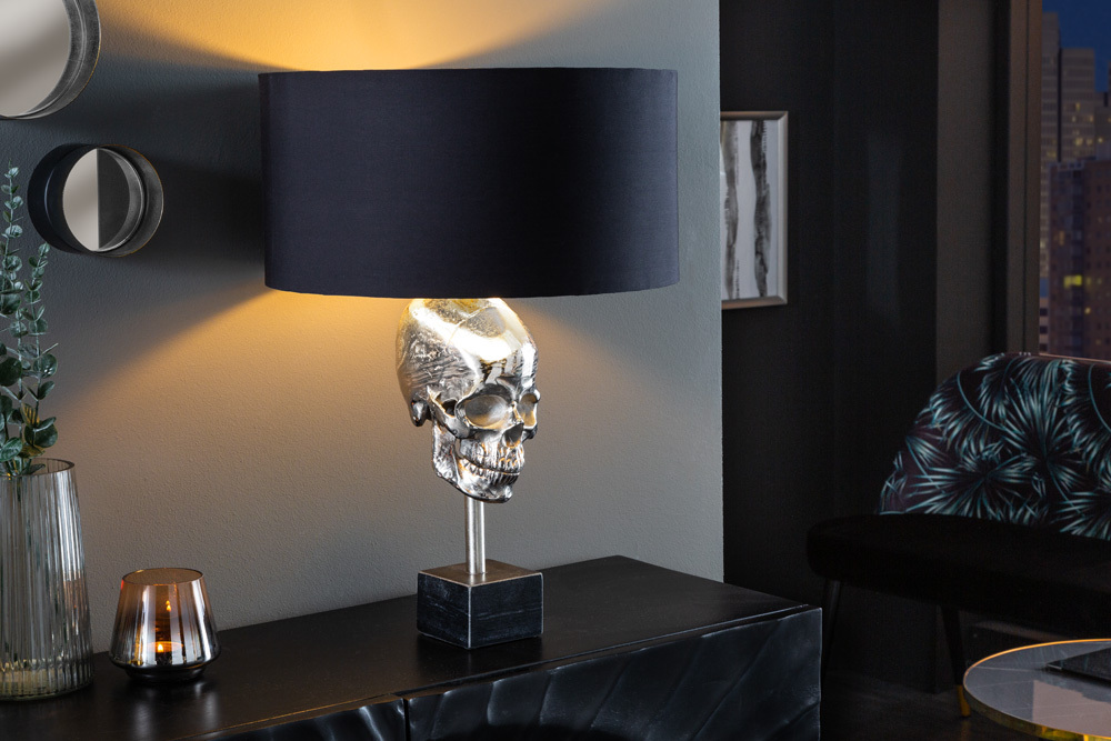 Extravagante Tischlampe SKULL 56cm schwarz silber Metall Totenkopf Skulptur Leuchte