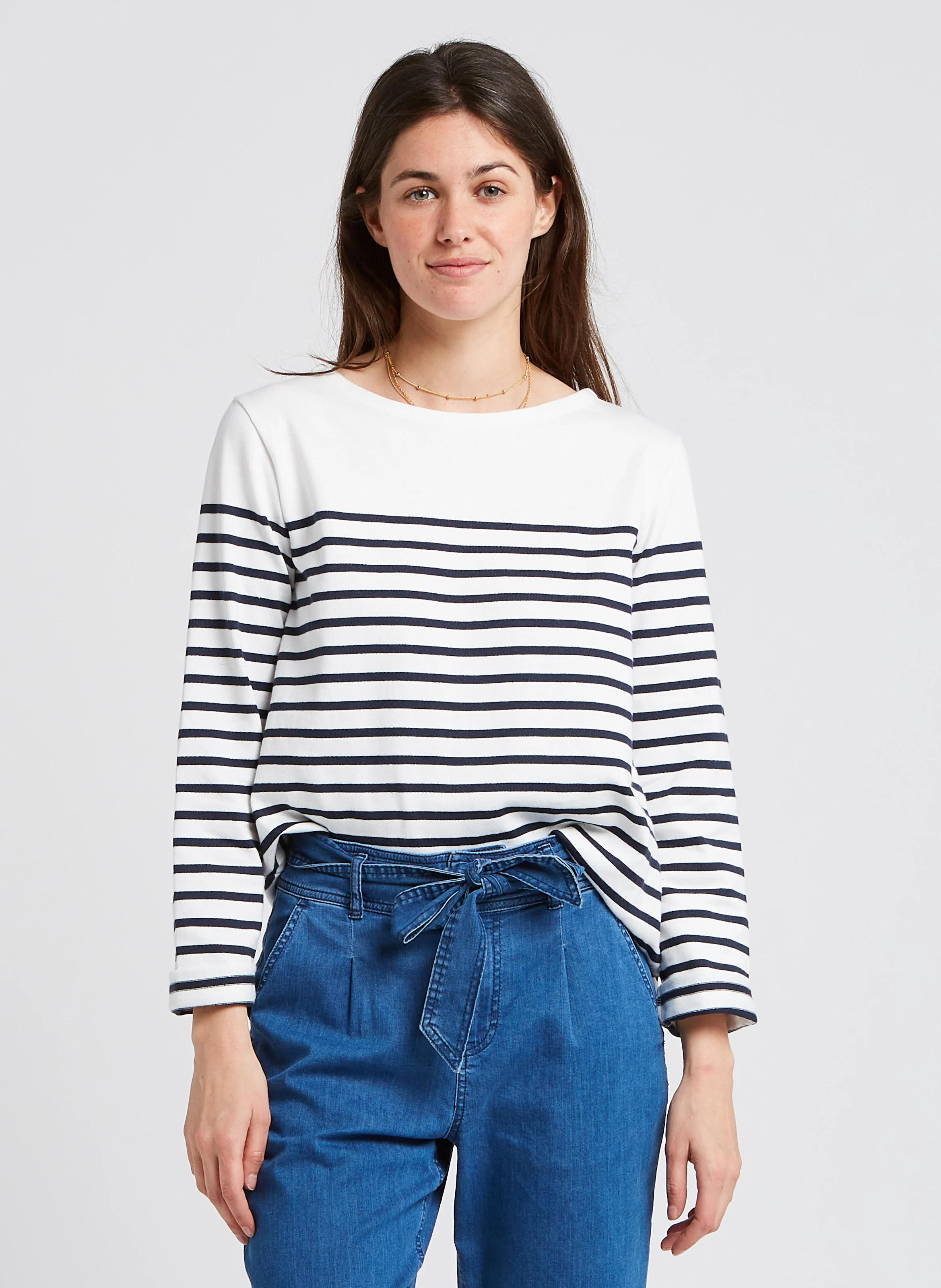 Tee-shirt col bateau marinière en coton | Blanc