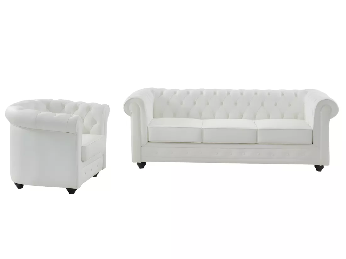 Canapé 3 places et fauteuil en cuir de buffle CHESTERFIELD - Blanc