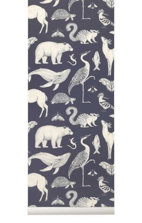 Ferm Living Katie Scott Animals behang dark blue