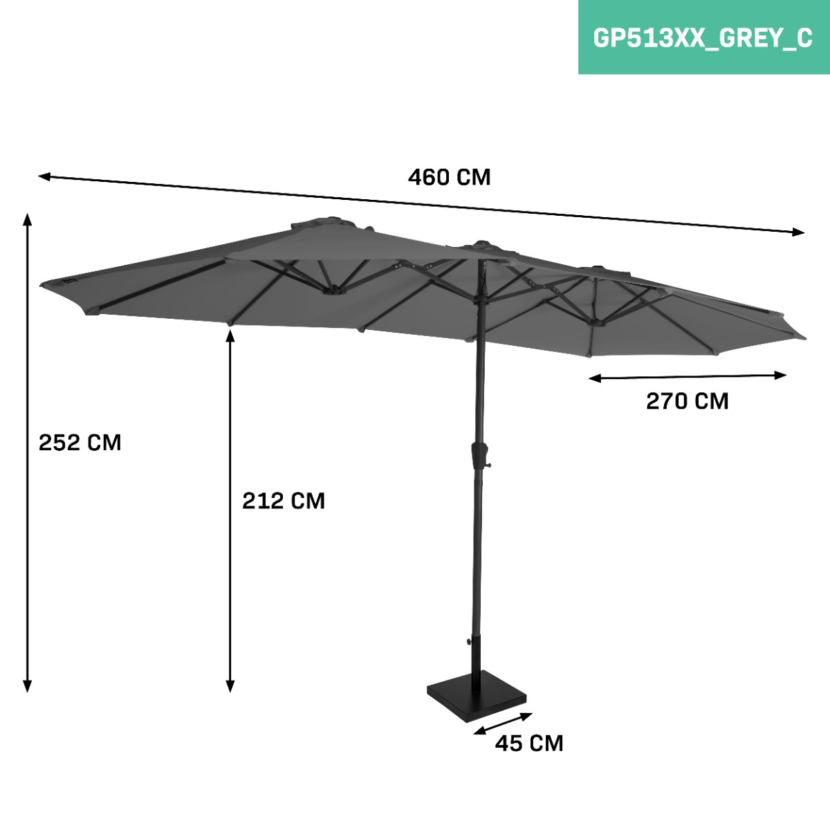 VONROC Iseo 460 x 270 Premium Parasol met voet - Grey