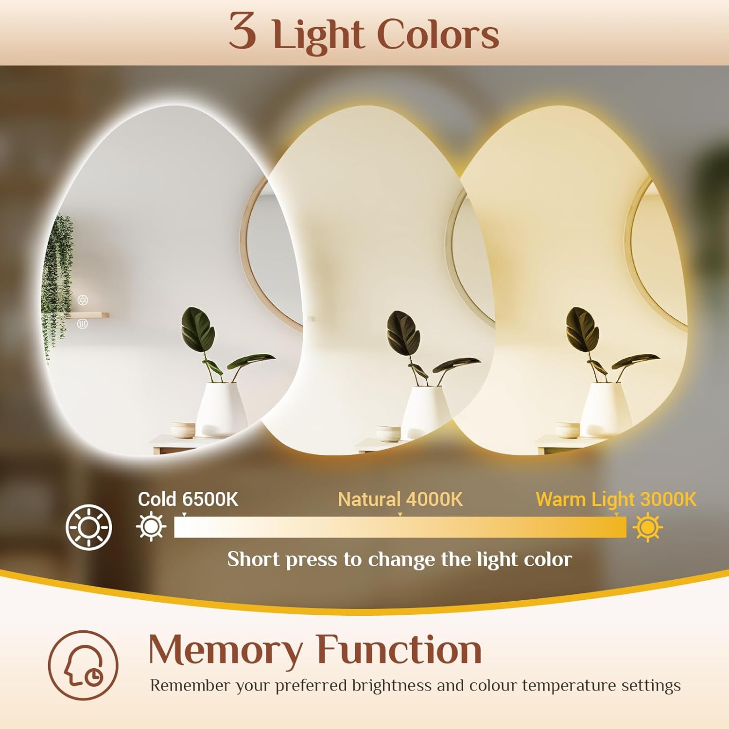 Clevich Badspiegel mit Beleuchtung Asymmetrisch 80×60 cm, LED Spiegel mit 3 Lichtfarben dimmbar, gehärtetes Glas, Touch-Schalter, Memory-Funktion, beschlagfrei, moderner Badezimmerspiegel mit Licht