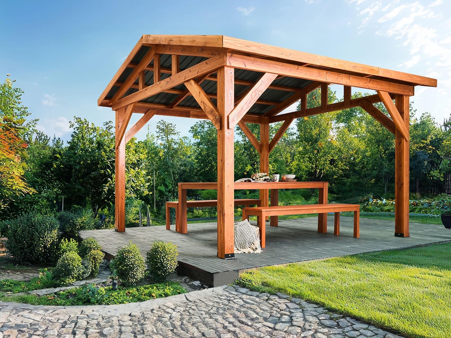 Gartenpavillon Tannenholz Hellbraun rechteckig 296x350 cm mit Metalldach Secchia