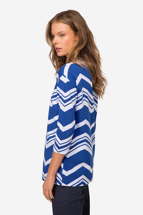 T-Shirt, oversized, Zacken Muster, U-Boot-Ausschnitt, 3/4-Ärmel