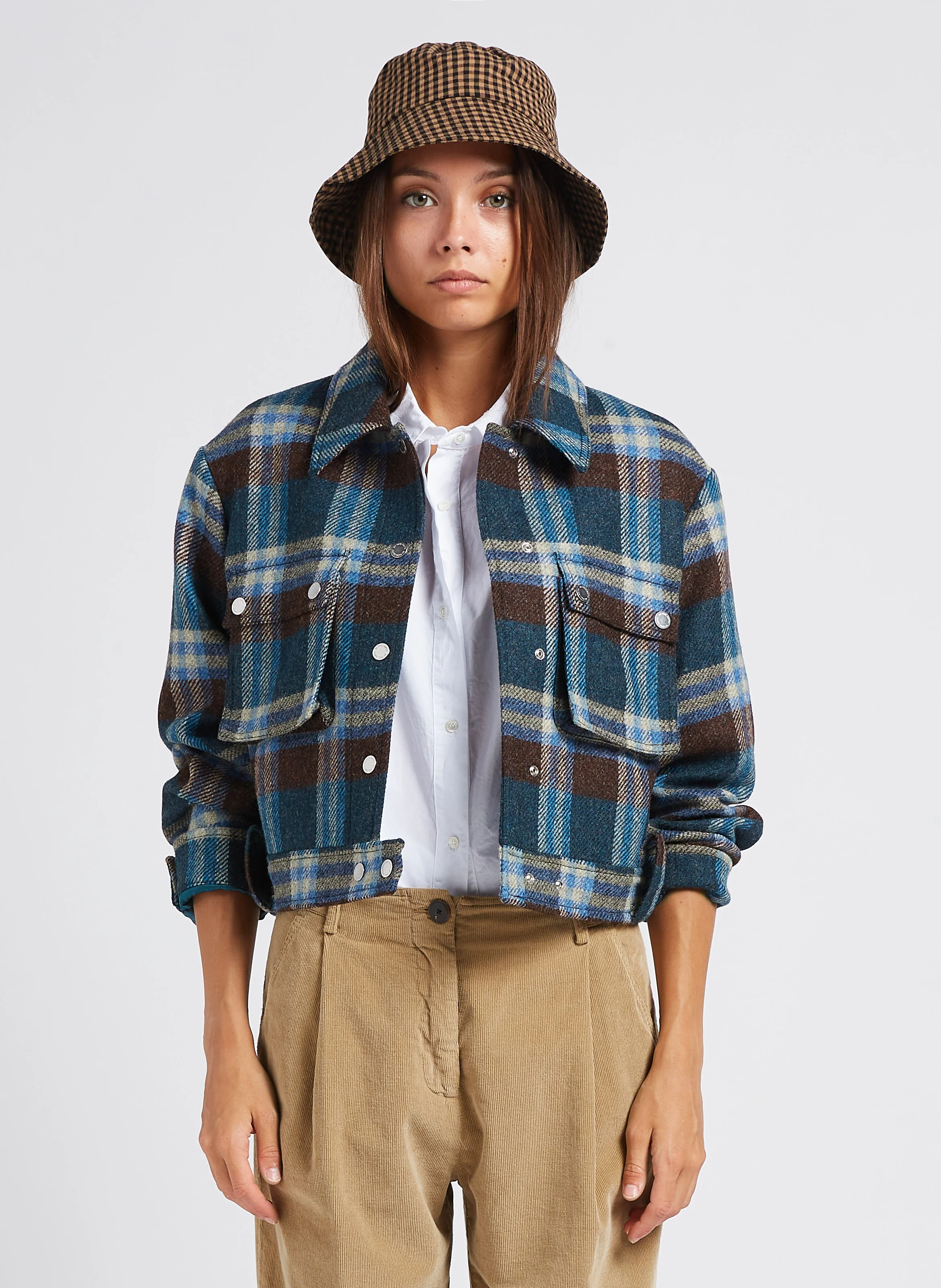 Veste courte col classique à carreaux en laine | Bleu