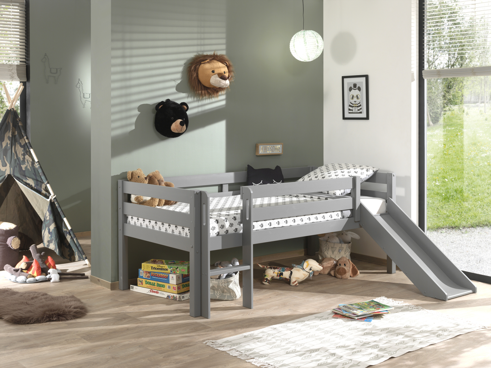Kojen-Spielbett - grau - Leiter - Rutsche - 90x200 cm